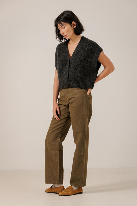 Bare Knitwear Basalt Alpaca Vest - Front View Showing Button Down Front and Dark Grey Lofty Alpaca Knit