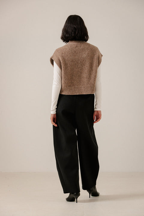 Bare Knitwear Alpaca Vest Dark Fawn - Styled Layering Shot Worn as Transitional Neutral Outer Layer