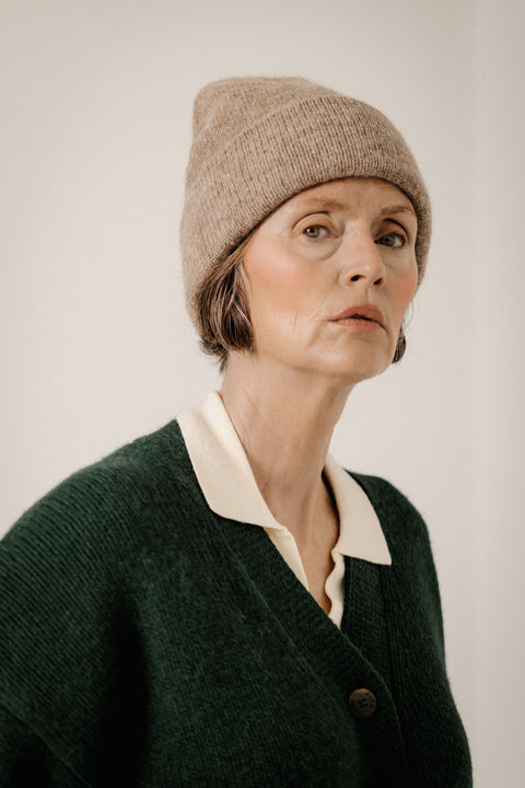 Bare Knitwear Baby Alpaca Andes Beanie - Styled On-Head Shot Showing Minimalist Fit and Soft Alpaca Texture