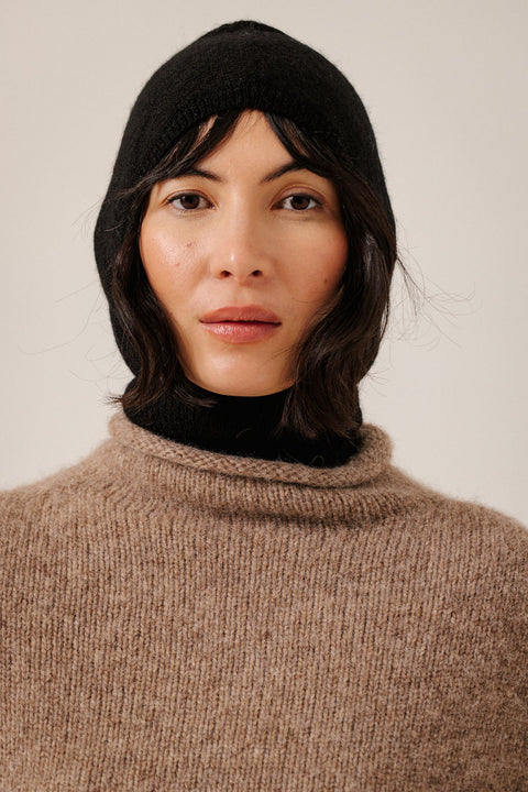 Bare Knitwear Baby Alpaca Balaclava - Worn Rolled Down as Neck Warmer Showing Versatile Layering Option