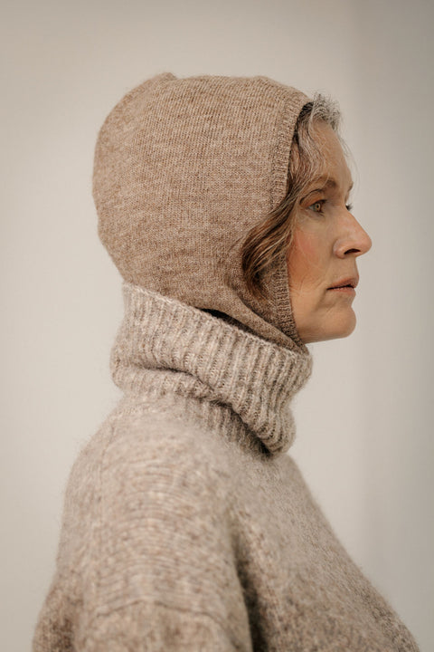 Bare Knitwear Alpaca Balaclava - Worn Showing Full Balaclava Coverage and Soft Brushed Baby Alpaca Texture