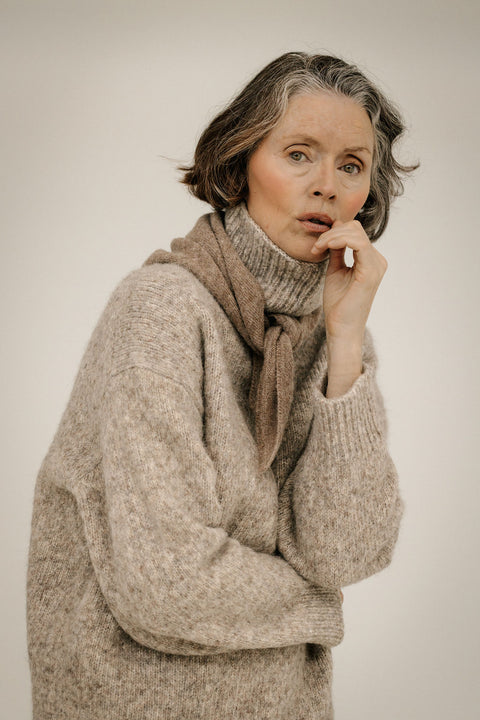 Bare Knitwear Baby Alpaca Bandana - Styled Shot as Neck Accessory Over Coat for Polished Winter Layer