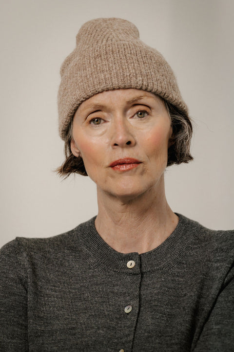 Bare Knitwear Alpaca Rib Beanie - Side View Showing Wide Turn-Up Cuff and Classic Rib Knit Silhouette