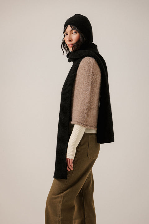 Bare Knitwear Baby Alpaca Rib Scarf - Worn as Shawl Showing Versatile Large-Format Scarf Styling