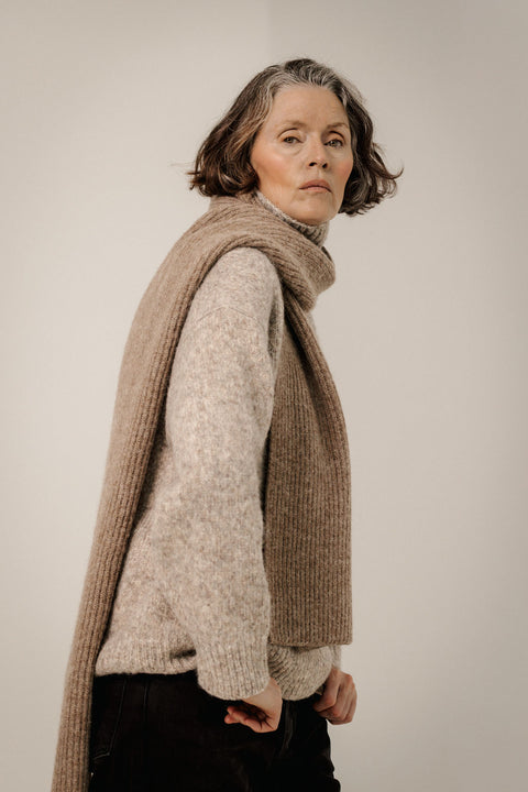 Bare Knitwear Alpaca Rib Scarf - Worn as Classic Neck Scarf Showing Generously Sized Brushed Baby Alpaca Drape