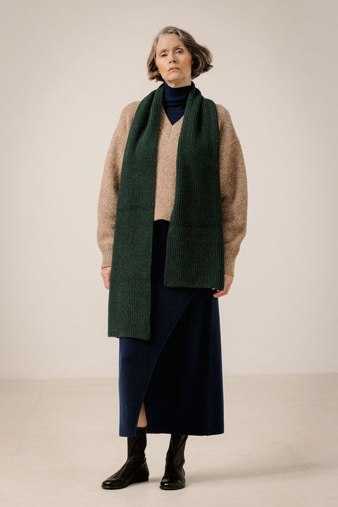 Bare Knitwear Baby Alpaca Rib Scarf - Styled Shot Draped Over Coat for Polished Winter Look