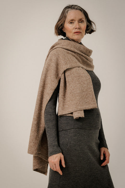 Bare Knitwear Alpaca Travel Wrap - Worn as Shawl Showing Generously Sized Brushed Baby Alpaca Drape