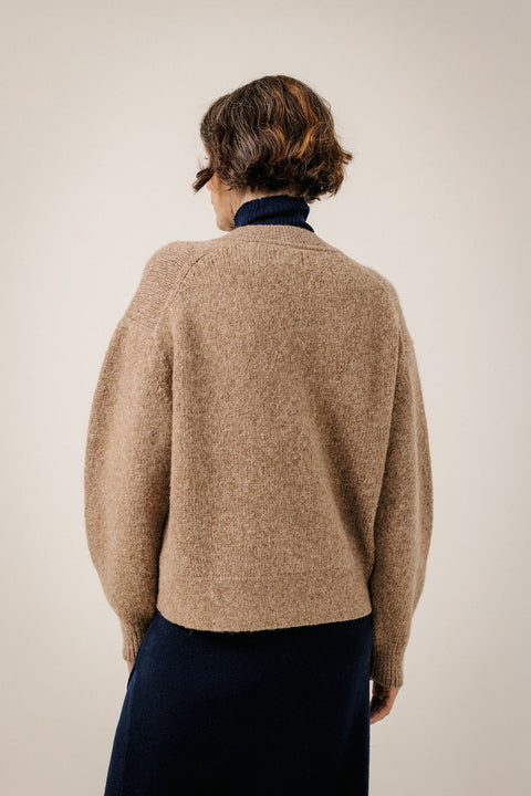 Bare Knitwear Dark Fawn Boxy V Neck - Front View Showing Deep V-Neckline and Softly Textured Alpaca Merino Knit