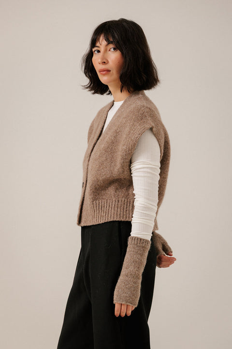 Bare Knitwear Alpaca Fingerless Mittens - On-Hand Shot Showing Mid-Forearm Length and Ribbed Cuff Detail