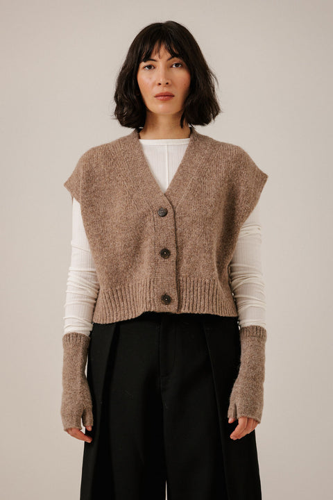 Bare Knitwear Baby Alpaca Fingerless Mittens - Styled Shot Worn with Coat Showing Polished Cold-Weather Layer