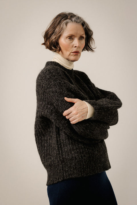 Bare Knitwear Basalt Lofty Crewneck - Front View Showing Oversized Silhouette and Brushed Lofty Alpaca Knit