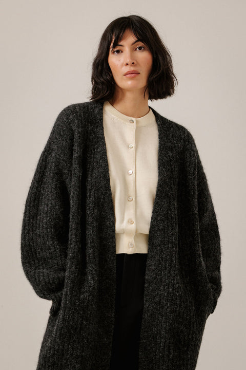 Bare Knitwear Basalt Lofty Midi Cardigan - Front View Showing Open-Front Silhouette and Rib Stitch Volume