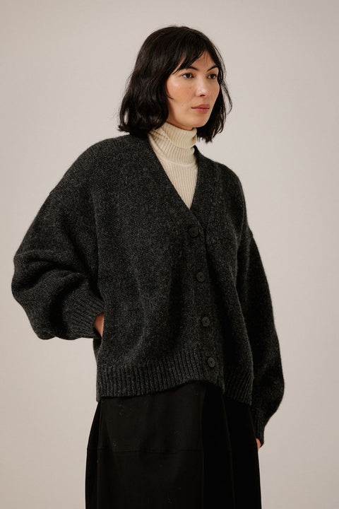 Bare Knitwear Basalt Oversized Alpaca Cardigan - Front View Showing Slouchy Voluminous Fit and Open Front