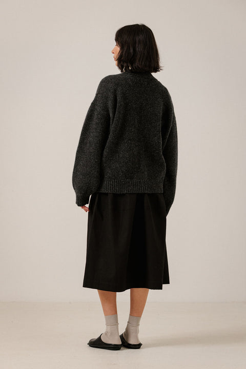 Bare Knitwear Oversized Alpaca Cardigan Basalt - Lifestyle Shot of Women's Slouchy Luxury Alpaca Merino Layering Piece