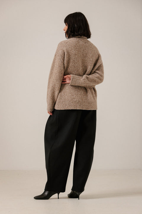 Bare Knitwear Dark Fawn Alpaca Turtleneck - Styled Shot Showing Turtleneck Worn Folded and Softly Scrunched