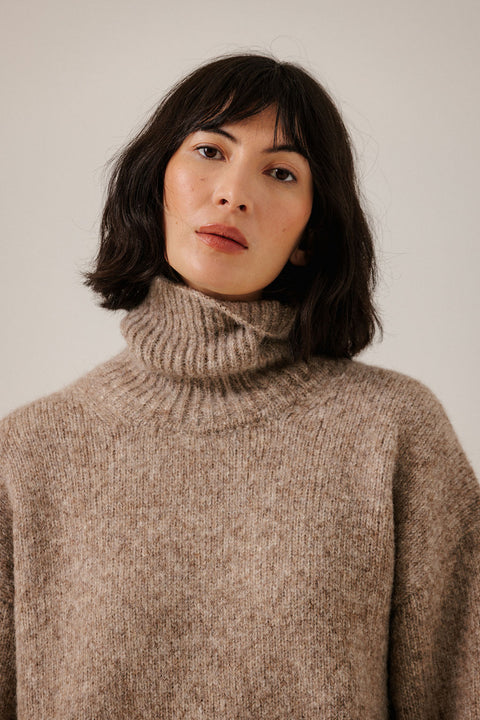 Bare Knitwear Dark Fawn Oversized Turtleneck - Front View Showing Lofty Oversized Silhouette and Soft Scrunched Turtleneck