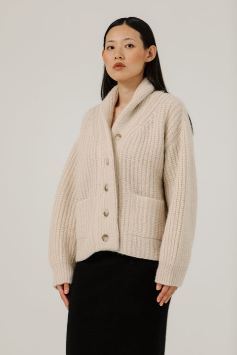 Alpaca and cotton cardigan, oversized fit, 4 button and cowl neck, light weight. Brand is Bare Knit. 
