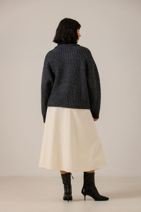Bare Knitwear Oversized Shawl Cardigan Navy - Side View Highlighting Volume and Coastal Layering Silhouette