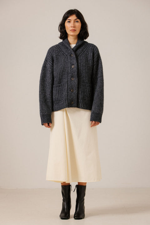 Bare Knitwear Dark Navy Alpaca Shawl Cardigan - Styled Layering Shot of Women's Oversized Alpaca Coastal Knitwear