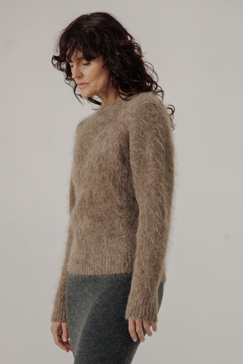 Alpaca wool crewneck brown sweater, relaxed classic fit, long sinking fibres/textured sweater, brand is bare knit