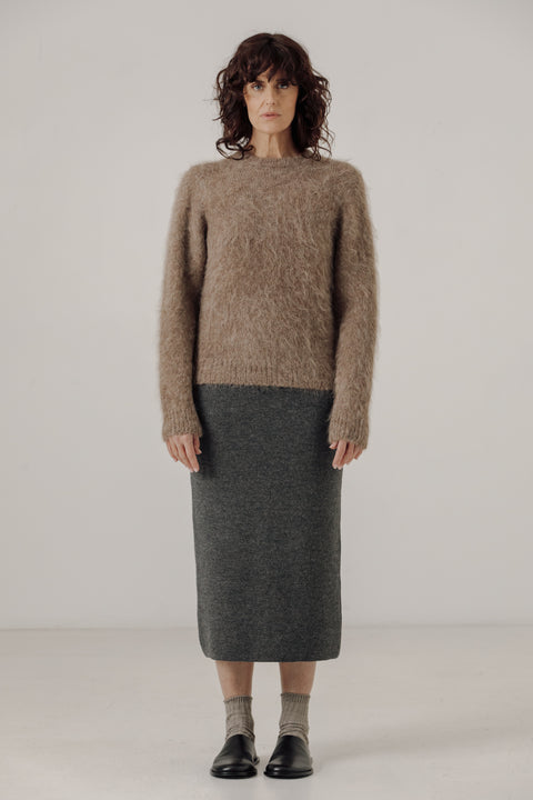 Alpaca wool crewneck brown sweater, relaxed classic fit, long sinking fibres/textured sweater, brand is bare knit
