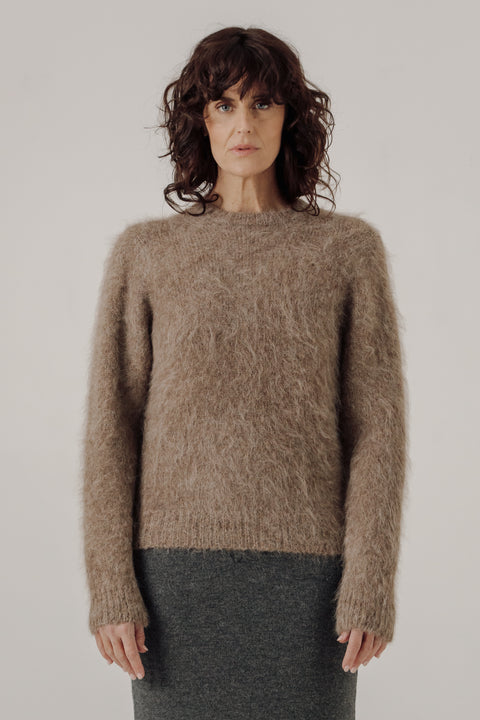 Alpaca wool crewneck brown sweater, relaxed classic fit, long sinking fibres/textured sweater, brand is Bare Knit