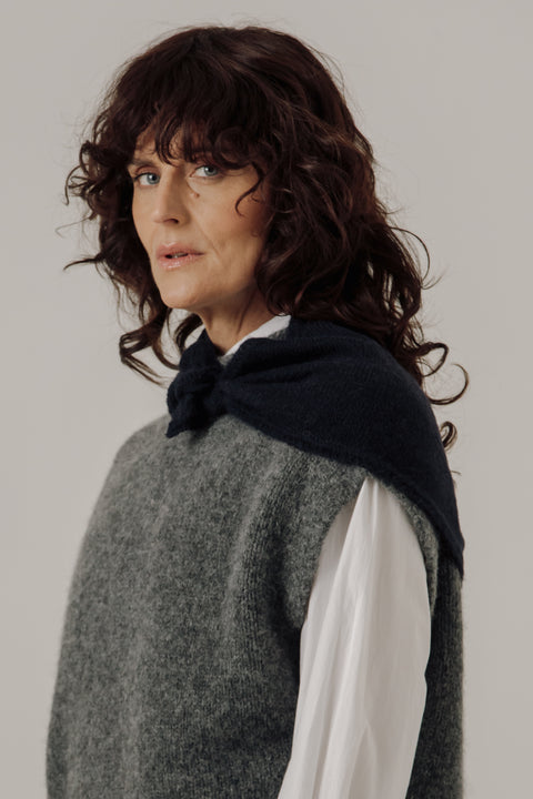 Alpaca bandana available in navy, beige and grey. By Bare Knitwear, lightweight scarf no bulk. 
