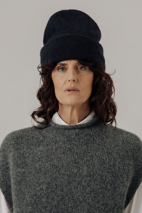 Alpaca Beanie Toque hat available in navy, beige and grey. By Bare Knitwear, lightweight comfortable fit 
