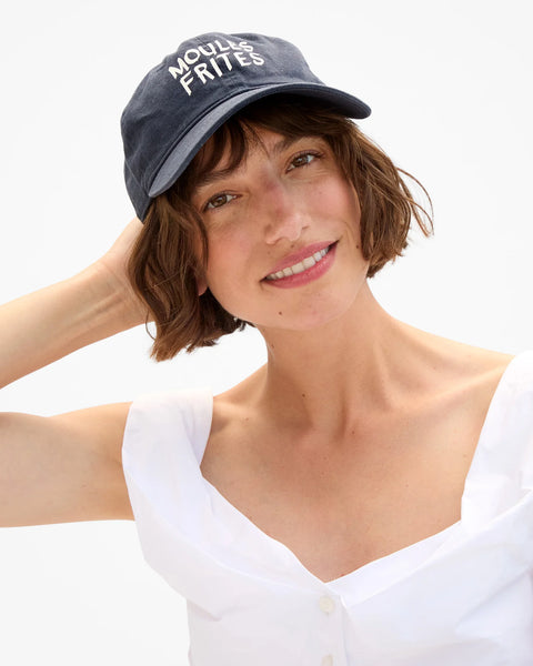Front view of Clare V navy Moules Frites embroidered baseball cap – French-inspired designer women's hat