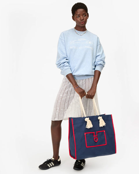 Clare V Beach Marine Tote Navy - Styled Shot of Women's Large Canvas Carryall as Weekend Beach Bag
