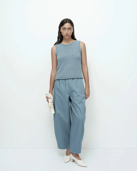 Blue knit tank full outfit styled with matching pants relaxed fit