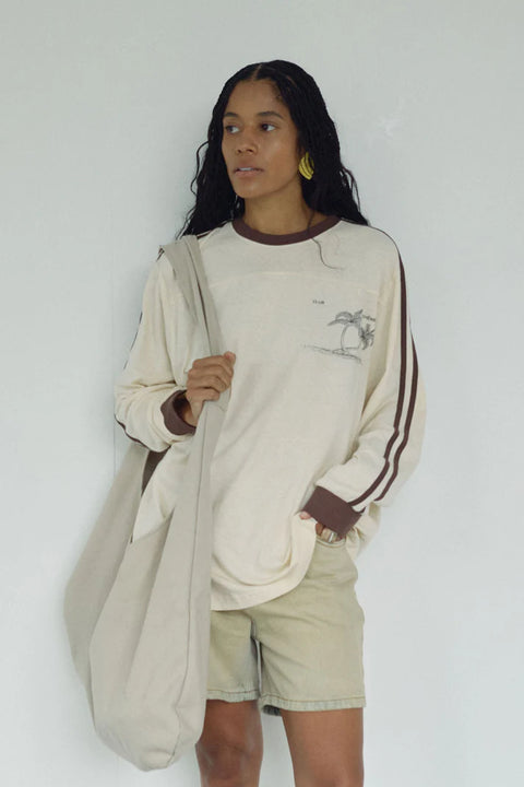 Bohème Goods The Racer Tee, long sleeve top with brown stripe and cuff, cream in colour, oversized fit. 