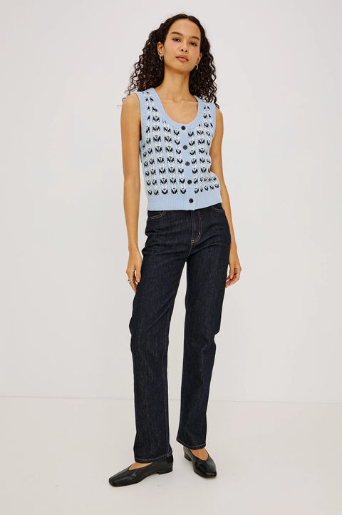 Rails Chance Vest Sky Blue - Side View Highlighting Sleeveless Design and Relaxed Cable Knit Fit