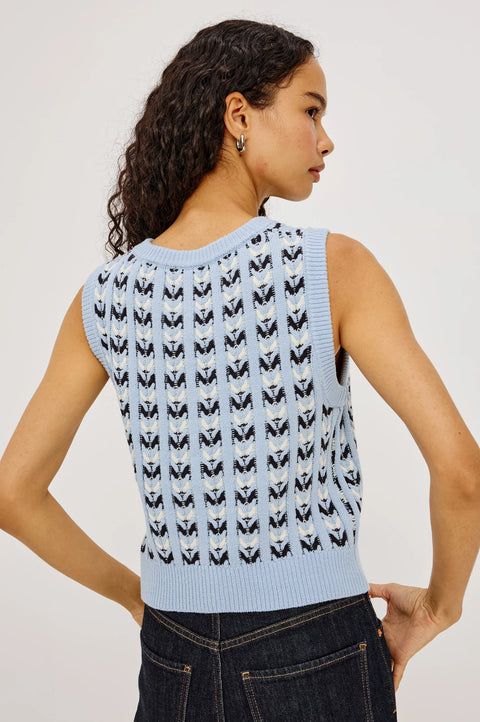 Rails Chance Vest in Sky Blue - Styled Shot of Women's Cable Knit Sweater Vest Over Shirt