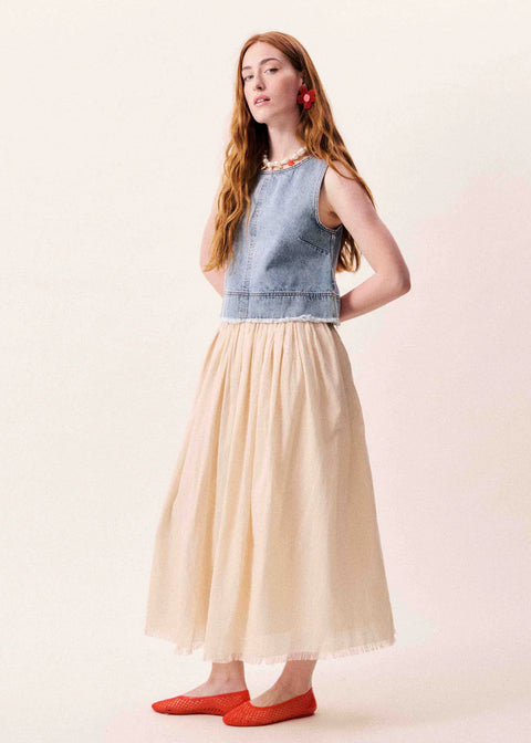 FRNCH Aqualina Top in Bleu Jean - sleeveless denim blue cotton tank top with frayed hem and contrast topstitching