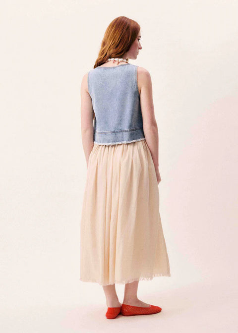 FRNCH Aqualina Top in Bleu Jean - sleeveless denim blue cotton tank top with frayed hem and contrast topstitching