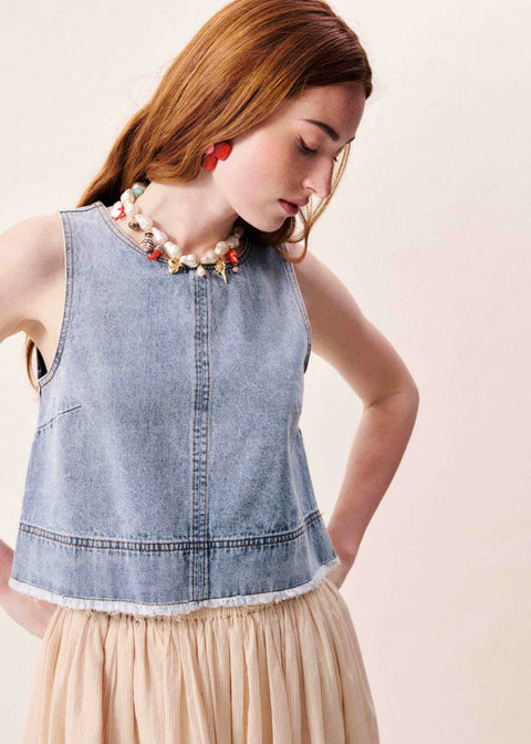 FRNCH Aqualina Top in Bleu Jean - sleeveless denim blue cotton tank top with frayed hem and contrast topstitching