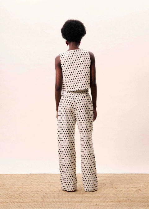 FRNCH Isolde Pant in Creme - high-rise wide-leg trousers in geometric-print cotton linen blend with elasticated waist