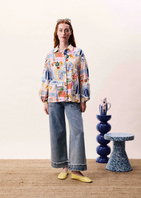 FRNCH Topaze Shirt in Bord De Leau - relaxed Mediterranean-inspired patchwork print shirt with classic collar and button placket