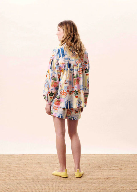 FRNCH Lapis Short in Bord De Leau - high-rise flowy patchwork print shorts with elasticated waist and architectural botanical print
