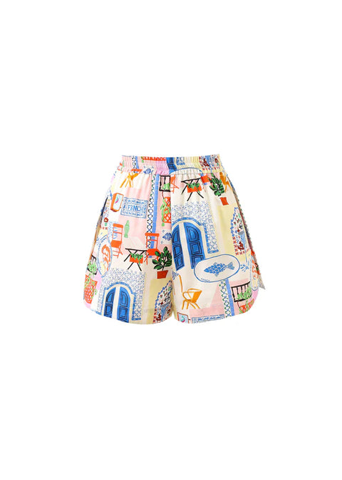 FRNCH Lapis Short in Bord De Leau - high-rise flowy patchwork print shorts with elasticated waist and architectural botanical print