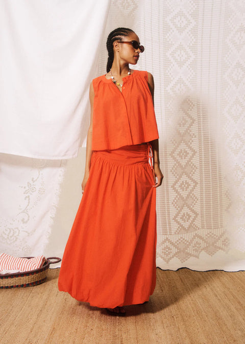 FRNCH Nunzio Corail Top - Front View Showing Ruffled Neckline and Flared Flowing Cut
