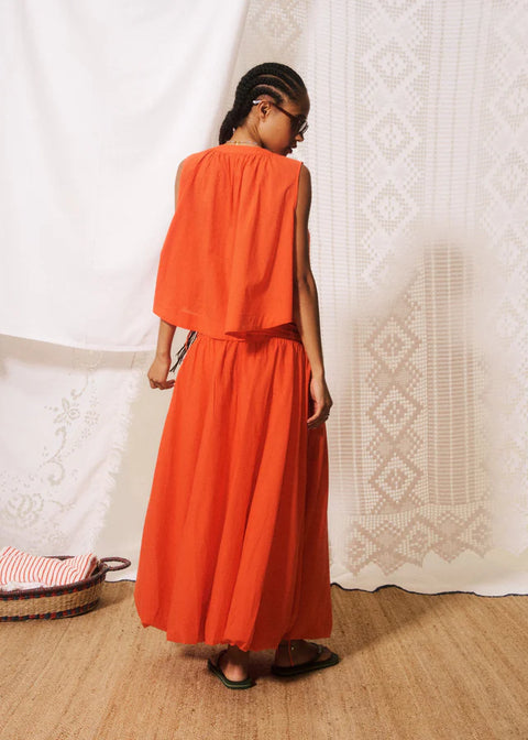 FRNCH Nunzio Cotton Blouse Corail - Styled Shot of Women's Coral Ruffle Neck Summer Top