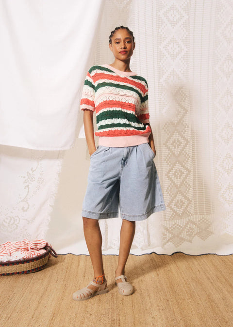 FRNCH Gelsomina Multi Sweater - Front View Showing Allover Openwork Pattern and Colourful Stripe Detail