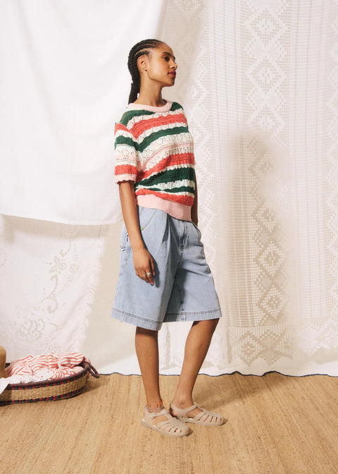 FRNCH Gelsomina Sweater Multi - Side View Highlighting Ribbed Cuff and Neck Trim with Short Sleeve Fit