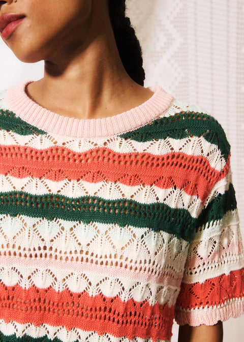FRNCH Gelsomina Sweater in Multi - Styled Shot of Women's Colourful Short Sleeve Summer Knit