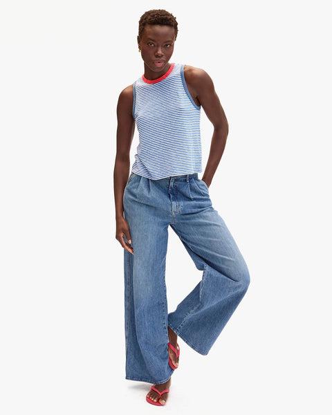 Clare V. Clare V Camp Fit Tank in Blue with Cream Mini Stripe: features cotton, linen