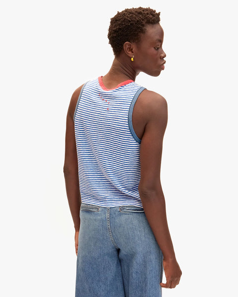 Clare V. Clare V Camp Fit Tank in Blue with Cream Mini Stripe: features cotton, linen