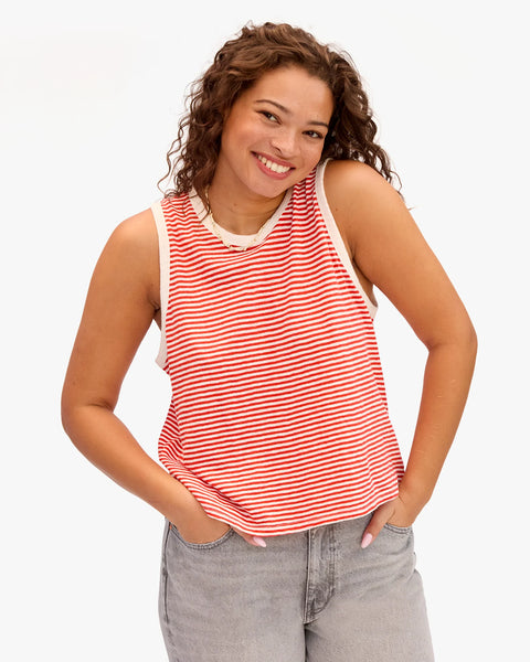 Clare V. Clare V Camp Fit Tank in Bright Poppy with Cream Mini Stripe: features cotton, linen