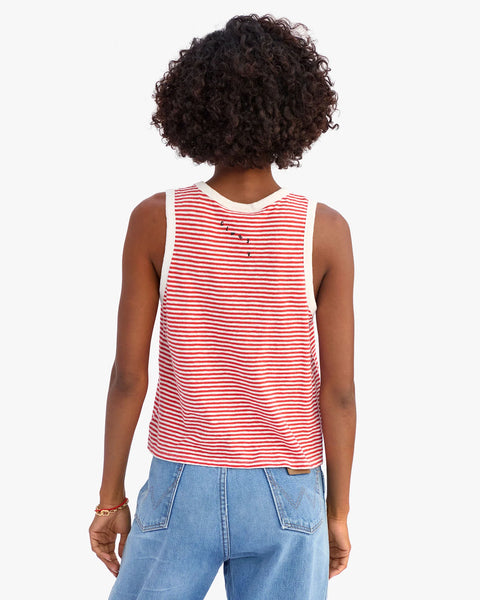 Clare V. Clare V Camp Fit Tank in Bright Poppy with Cream Mini Stripe: features cotton, linen